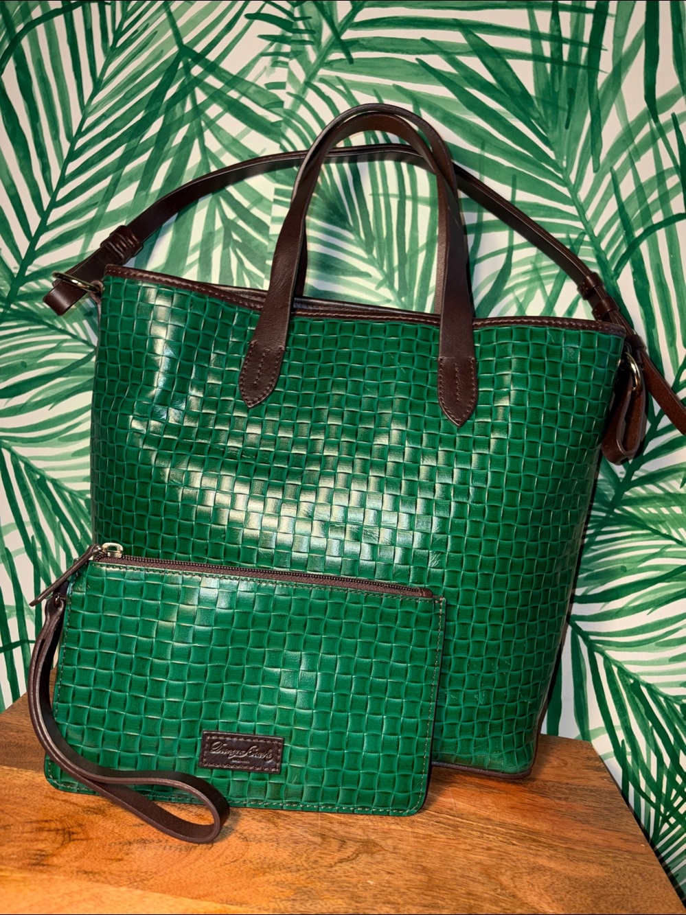 Dooney & Bourke Green Embossed Woven Leather Satchel & Wristlet